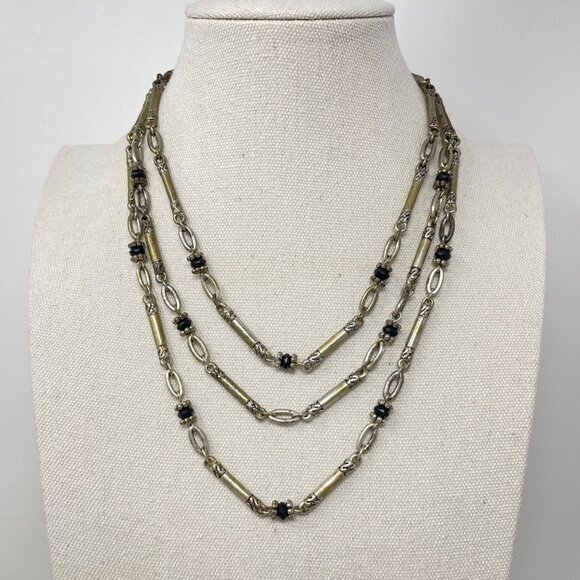 Avon Triple Strand Silver Tone Necklace with Black Bead Accents Vintage 90's - Picture 1 of 9